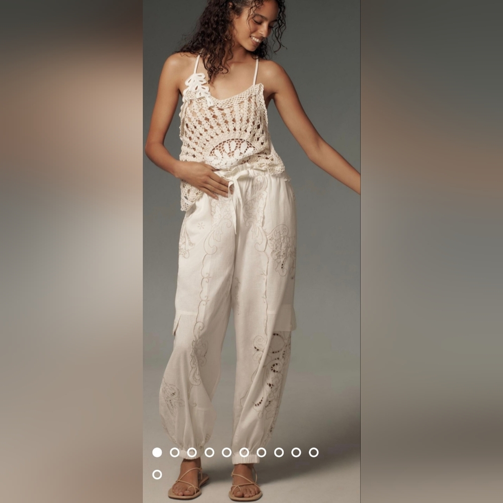 Anthropologie Embroidered Linen Pull-On Joggers